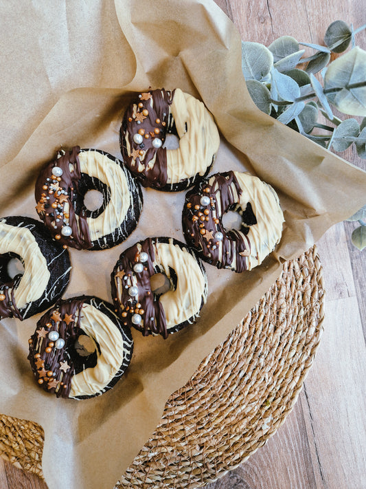 The 'Billionaire' Bronut Box. 6pc Brownie Donuts with lashings of Caramilk Caramel, Dark Chocolate and topped with Billionaire decor. Perfection!